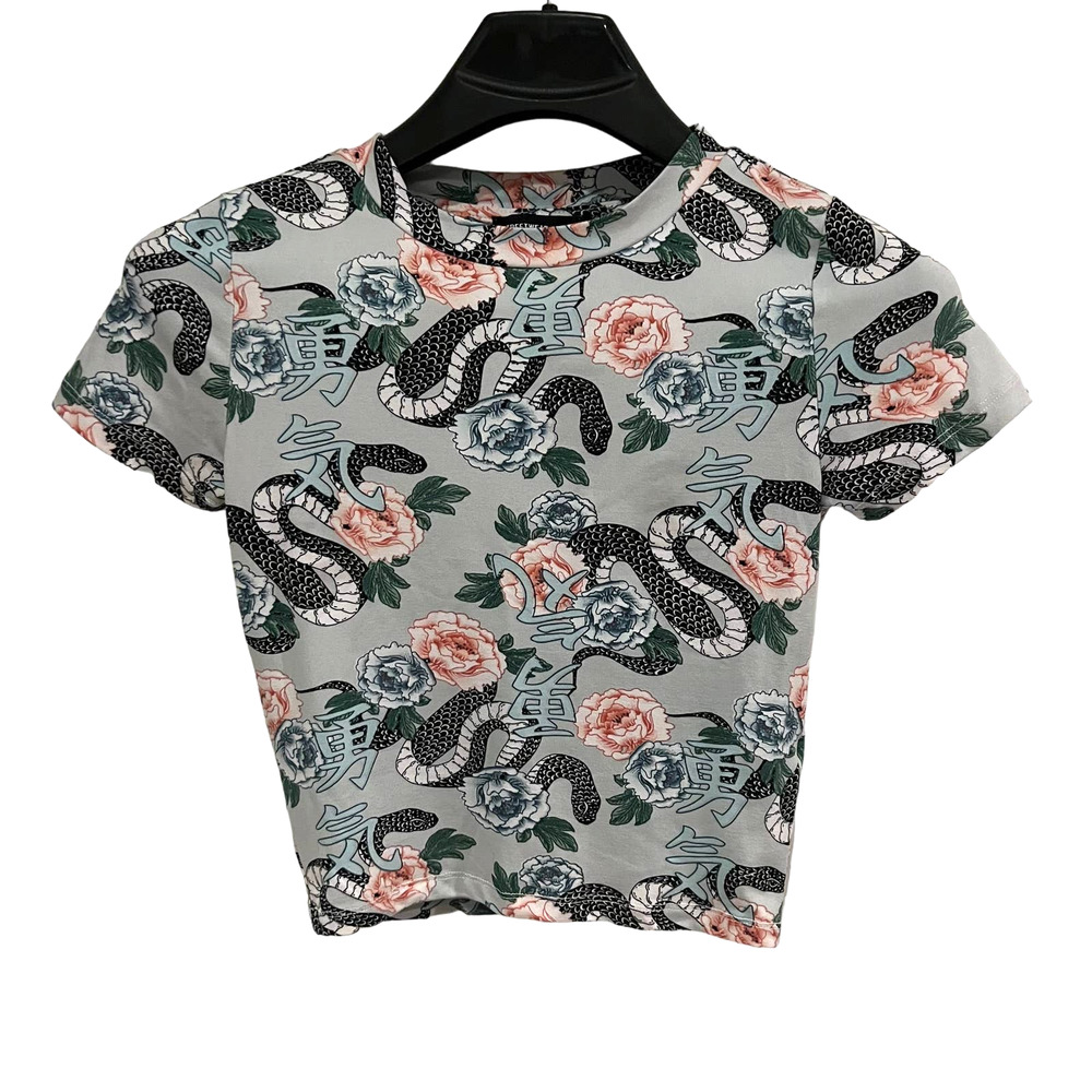 Streetwear Society Crop Top Stretchy Snake Floral Gray Green Pinks‎ Small